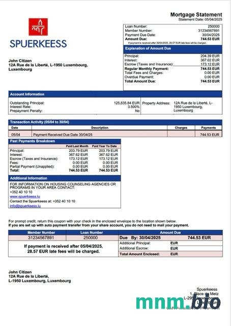 Luksemburg Spuerkeess Bank wyciąg z kredytu hipotecznego szablon Word i PDF